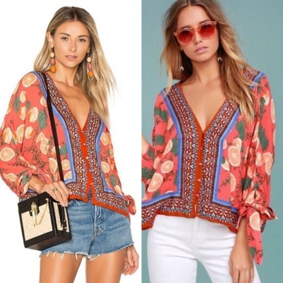 FREE People Freshly Squeezed Orange V-neck Tunic - Picture 2 of 8